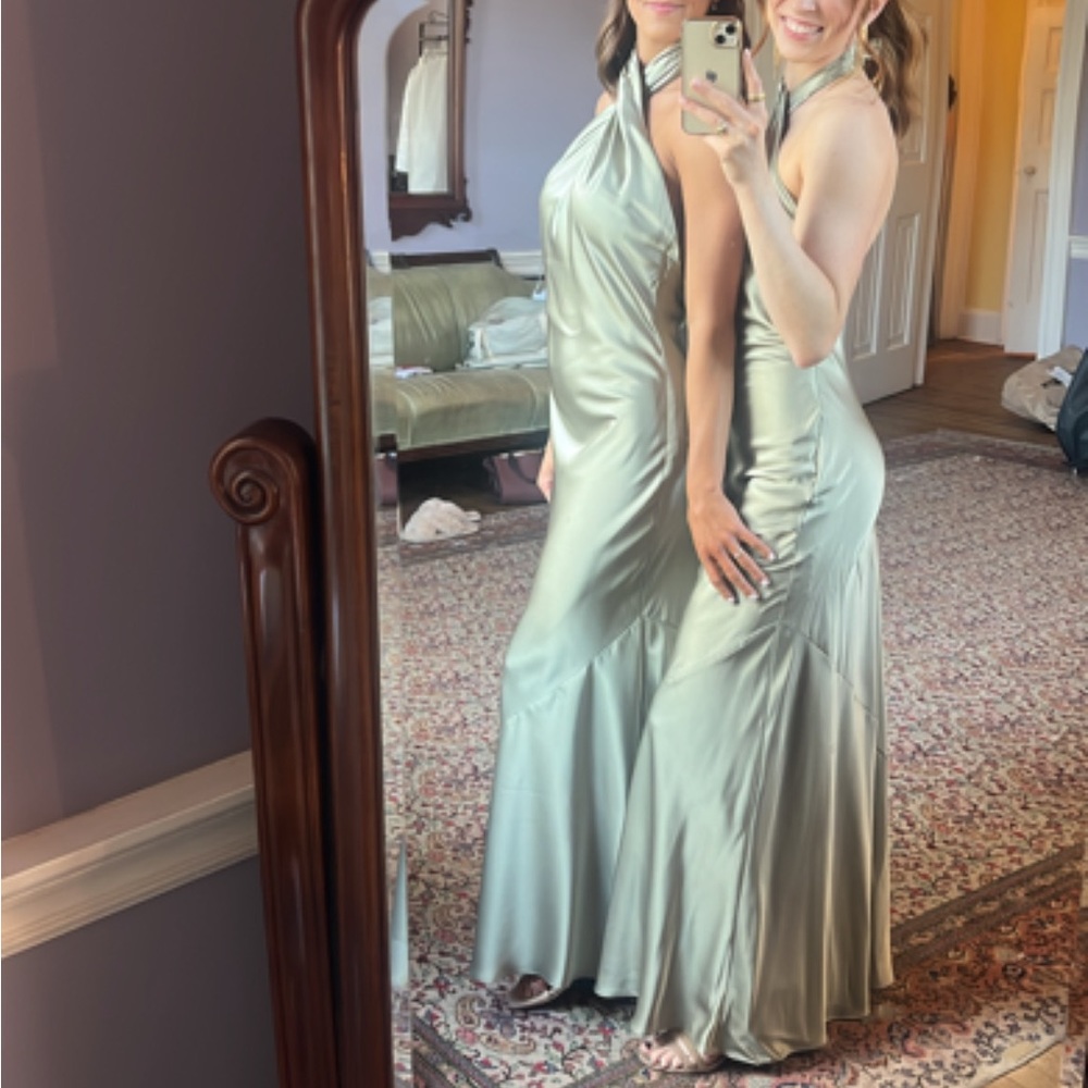 Show Me Your Mumu - Jasmine Halter Maxi Dress, Moss Green Luxe Satin